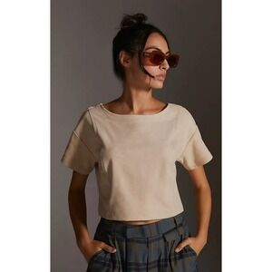 Pilcro Anthropologie Faux Suede Crop Top Beige Tan Short Sleeve XXS XS OB1558139